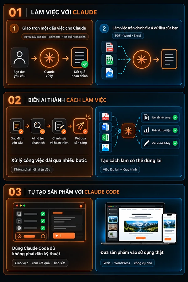 Ba tầng kết quả sau khóa. Tầng 01, làm việc với Claude: giao trọn một đầu việc cho Claude; làm việc trên chính file và dữ liệu của bạn (PDF, Word, Excel). Tầng 02, biến AI thành cách làm việc: xử lý công việc dài qua nhiều bước; tạo cách làm có thể dùng lại. Tầng 03, tự tạo sản phẩm với Claude Code: dùng Claude Code dù không phải dân kỹ thuật; đưa sản phẩm vào sử dụng thật (web, WordPress, công cụ nhỏ).