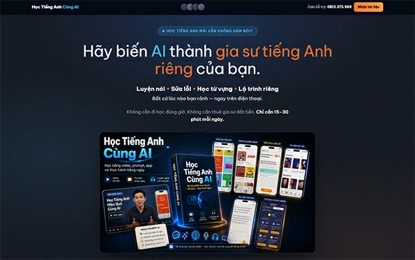 Landing page khóa học tiếng Anh cùng AI do Claude Code dựng